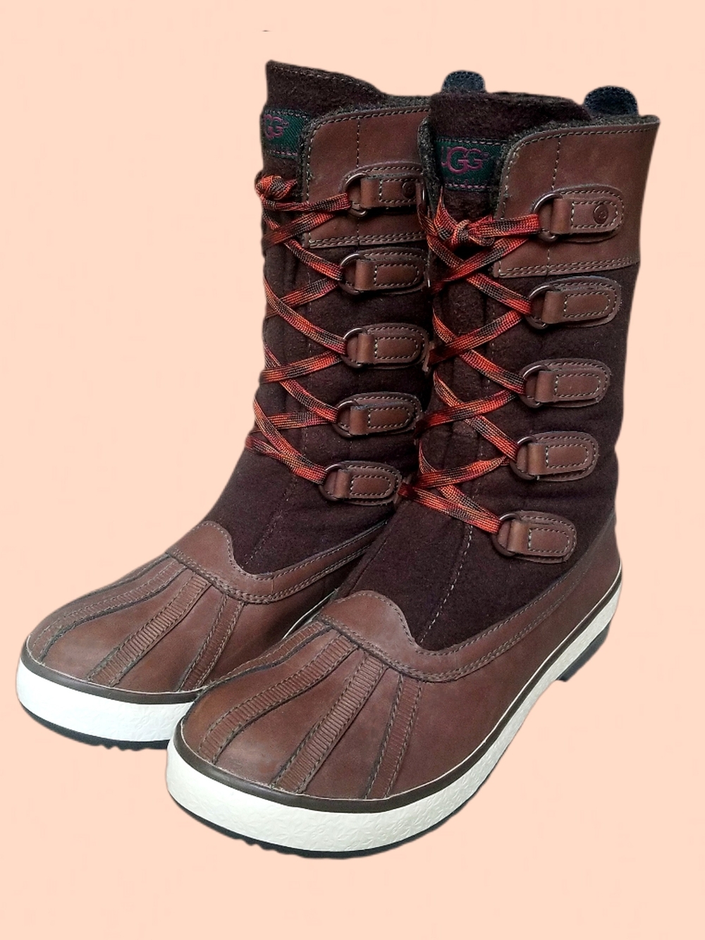 UGG Women's 7 Baroness Waterproof Duck Boots Chocolate Brown Leather Wool